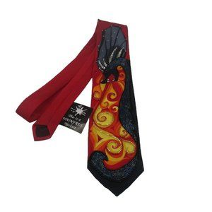 Red Silk Necktie with Black Sequin Beaded Fire Breathing Dragon, Fun Tie NWT